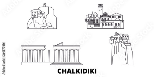 Greece, Chalkidiki flat travel skyline set. Greece, Chalkidiki black city vector panorama, illustration, travel sights, landmarks, streets.