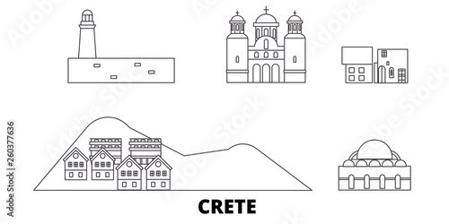 Greece, Crete flat travel skyline set. Greece, Crete black city vector panorama, illustration, travel sights, landmarks, streets.