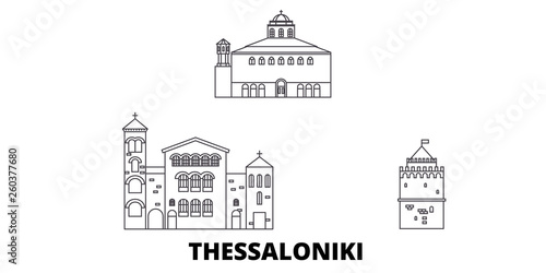 Greece, Thessaloniki flat travel skyline set. Greece, Thessaloniki black city vector panorama, illustration, travel sights, landmarks, streets.