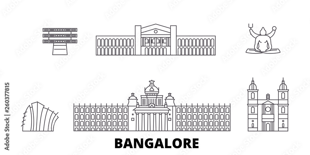 India, Bangalore flat travel skyline set. India, Bangalore black city vector panorama, illustration, travel sights, landmarks, streets.
