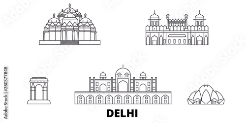 India, Delhi flat travel skyline set. India, Delhi black city vector panorama, illustration, travel sights, landmarks, streets.