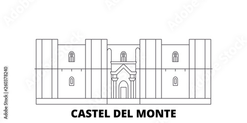 Italy, Apulia, Castel Del Monte flat travel skyline set. Italy, Apulia, Castel Del Monte black city vector panorama, illustration, travel sights, landmarks, streets.
