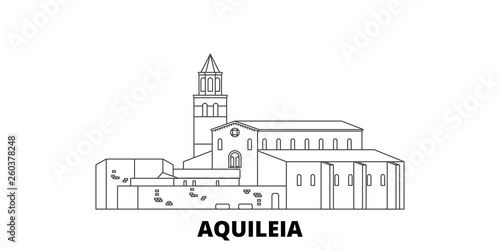 Italy, Aquileia  flat travel skyline set. Italy, Aquileia  black city vector panorama, illustration, travel sights, landmarks, streets.