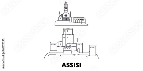 Italy, Assisi flat travel skyline set. Italy, Assisi black city vector panorama, illustration, travel sights, landmarks, streets.