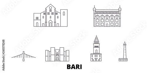 Italy, Bari flat travel skyline set. Italy, Bari black city vector panorama, illustration, travel sights, landmarks, streets.