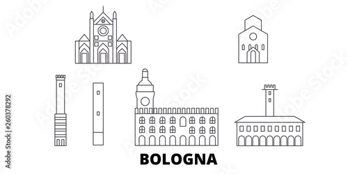 Italy, Bologna flat travel skyline set. Italy, Bologna black city vector panorama, illustration, travel sights, landmarks, streets.