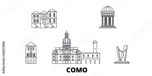 Italy, Como flat travel skyline set. Italy, Como black city vector panorama, illustration, travel sights, landmarks, streets.