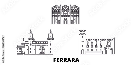 Italy, Ferrara flat travel skyline set. Italy, Ferrara black city vector panorama, illustration, travel sights, landmarks, streets.