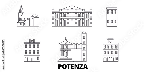 Italy, Potenza flat travel skyline set. Italy, Potenza black city vector panorama, illustration, travel sights, landmarks, streets.