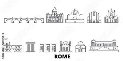 Italy, Rome flat travel skyline set. Italy, Rome black city vector panorama, illustration, travel sights, landmarks, streets.