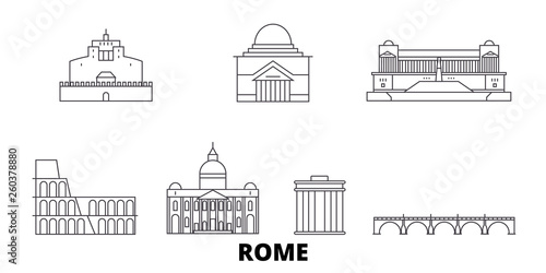 Italy, Rome City flat travel skyline set. Italy, Rome City black city vector panorama, illustration, travel sights, landmarks, streets.