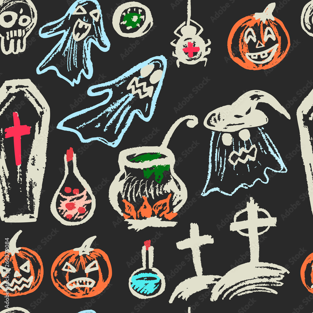 Halloween. Seamless pattern. Color chalk on a blackboard. Collection of festive elements. Autumn holidays. Ghosts, pumpkins, eyes, coffin, potion, skull, spider, cemetery, cauldron