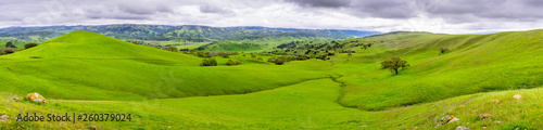 Beautiful panoramic view of green hills and valleys in south of San Jose, south San Francisco bay area, California