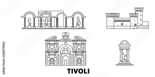 Italy, Tivoli flat travel skyline set. Italy, Tivoli black city vector panorama, illustration, travel sights, landmarks, streets.