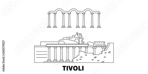 Italy, Tivoli, Villa Adriana flat travel skyline set. Italy, Tivoli, Villa Adriana black city vector panorama, illustration, travel sights, landmarks, streets.