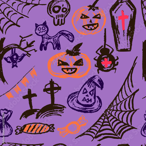 Halloween. Vector Seamless pattern. Collection elements. Autumn holidays. Pumpkin, cobweb, skull, coffin, tree, bat, cemetery, candy, spider, flags, cat, witch hat