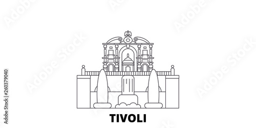 Italy, Tivoli, Villa D'este flat travel skyline set. Italy, Tivoli, Villa D'este black city vector panorama, illustration, travel sights, landmarks, streets.