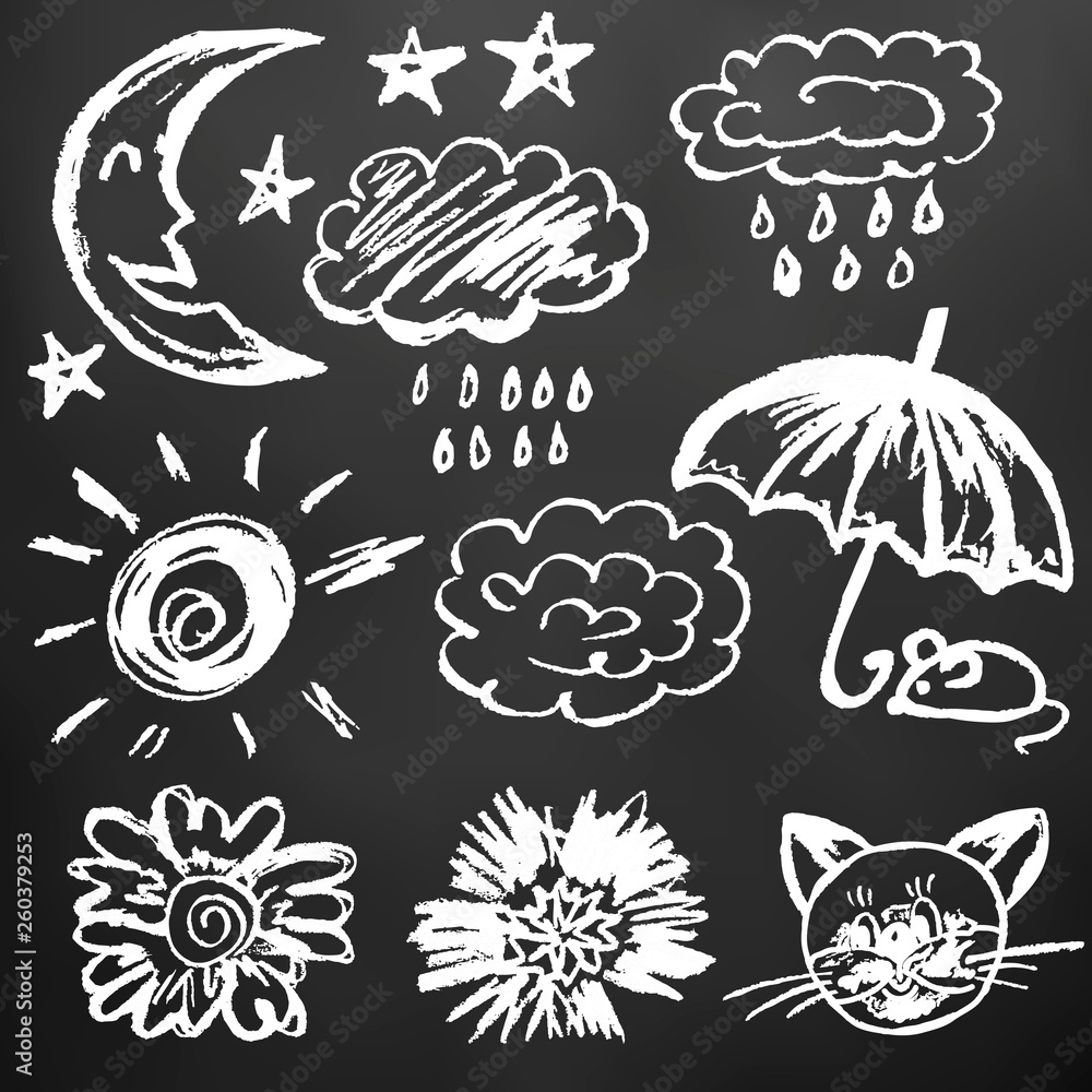 Cute children's drawing. Icons, signs, symbols, pins