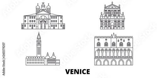Italy, Venice Landmark flat travel skyline set. Italy, Venice Landmark black city vector panorama, illustration, travel sights, landmarks, streets.