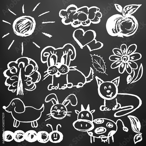Cute children's drawing. Icons, signs, symbols, pins