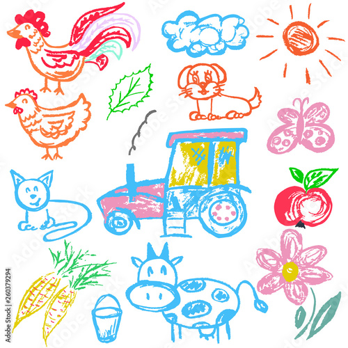 Cute children's drawing. Icons, signs, symbols, pins
