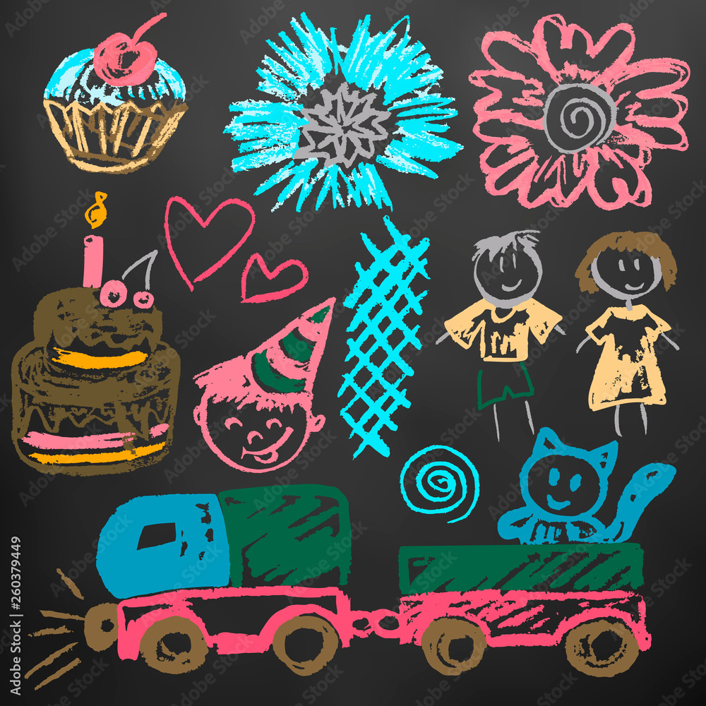 Cute children's drawing. Icons, signs, symbols, pins