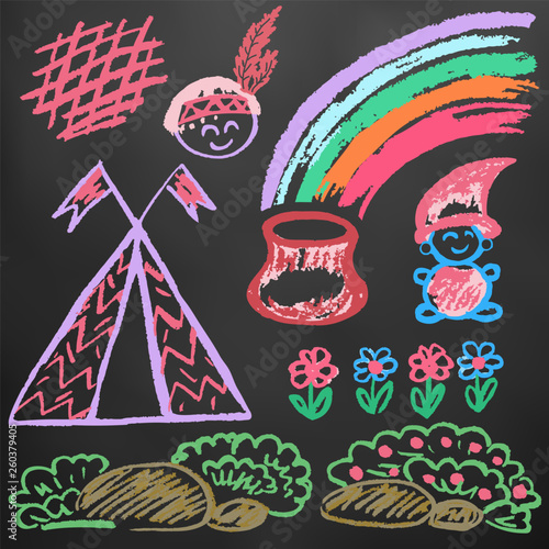 Cute children's drawing. Icons, signs, symbols, pins