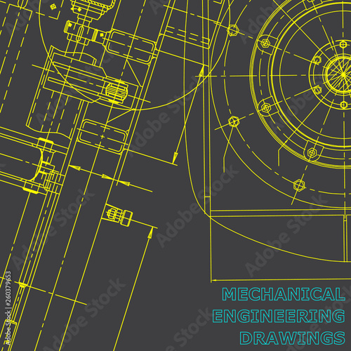 Computer aided design systems. Blueprint, scheme, plan, sketch. Gray background. Mechanical engineering drawing. Industry. Corporate Identity