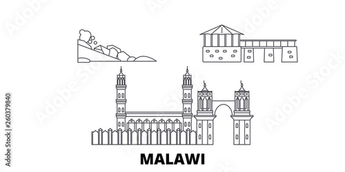 Malawi flat travel skyline set. Malawi black city vector panorama, illustration, travel sights, landmarks, streets.
