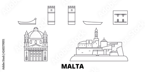 Malta flat travel skyline set. Malta black city vector panorama, illustration, travel sights, landmarks, streets.