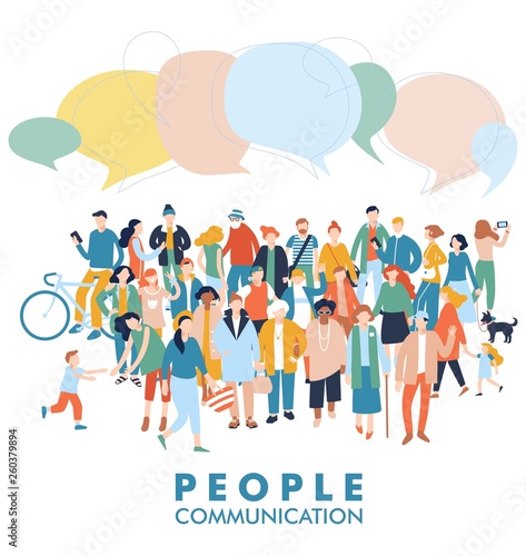 Modern multicultural society communication concept with crowd of people. Group of different people in community with speech bubbles isolated on white background