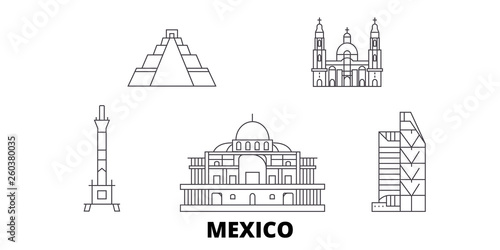 Mexico, Mexico City flat travel skyline set. Mexico, Mexico City black city vector panorama, illustration, travel sights, landmarks, streets.