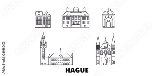 Netherlands, Hague flat travel skyline set. Netherlands, Hague black city vector panorama, illustration, travel sights, landmarks, streets.