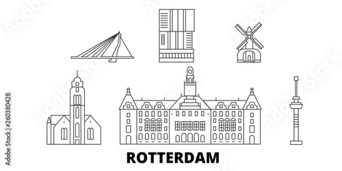Netherlands, Rotterdam flat travel skyline set. Netherlands, Rotterdam black city vector panorama, illustration, travel sights, landmarks, streets.