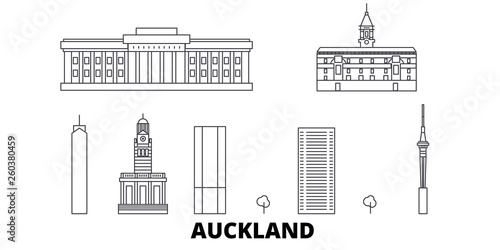 New Zealand, Auckland flat travel skyline set. New Zealand, Auckland black city vector panorama, illustration, travel sights, landmarks, streets.