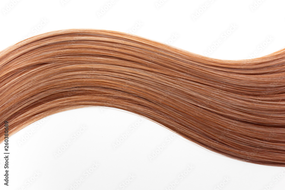 Piece of beautiful, shiny, red hair on white isolated background. Wavy shape. Modern hair color ideas Piece of beautiful, shiny, red hair on white isolated background. Wavy shape. Modern hair color ideas