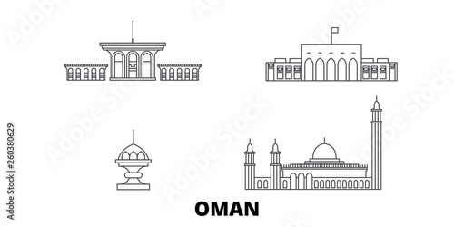 Oman, Muscat flat travel skyline set. Oman, Muscat black city vector panorama, illustration, travel sights, landmarks, streets.