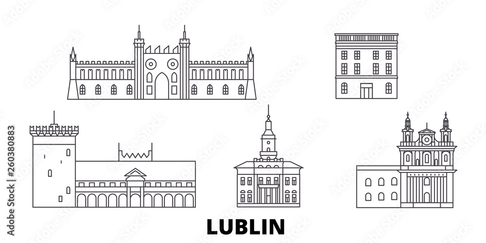 Poland, Lublin flat travel skyline set. Poland, Lublin black city vector panorama, illustration, travel sights, landmarks, streets.