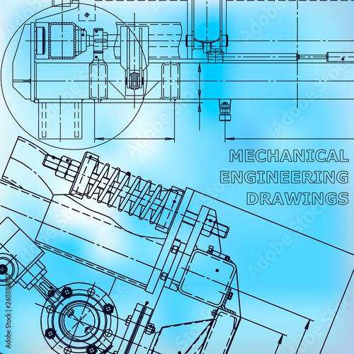 Blueprint, scheme, plan, sketch. Technical illustrations, background. Machine industry. Corporate Identity. Blue