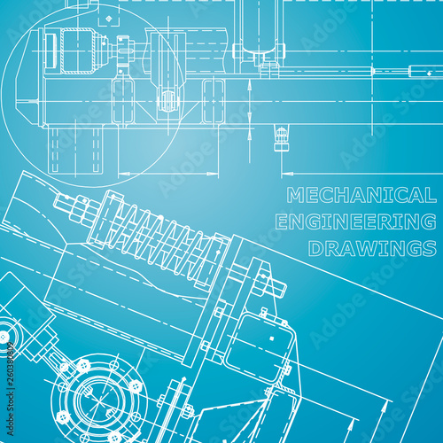 Blueprint, scheme, plan, sketch. Technical illustrations, background. Machine industry. Corporate Identity. Blue and white