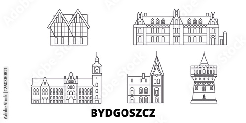 Poland, Bydgoszcz flat travel skyline set. Poland, Bydgoszcz black city vector panorama, illustration, travel sights, landmarks, streets.