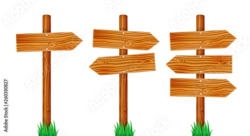 Cartoon wooden signpost with grass. Isolated arrow sign vector illustration set.