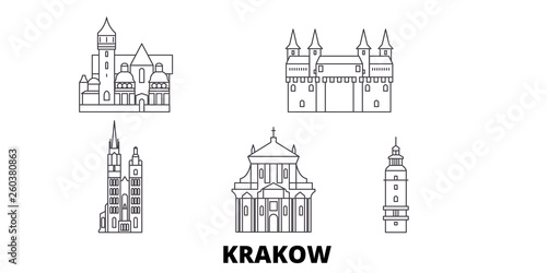 Poland, Krakow flat travel skyline set. Poland, Krakow black city vector panorama, illustration, travel sights, landmarks, streets.