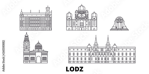 Poland, Lodz flat travel skyline set. Poland, Lodz black city vector panorama, illustration, travel sights, landmarks, streets.
