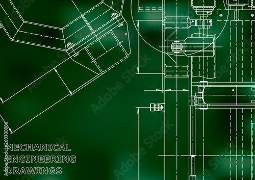 Vector engineering illustration. Mechanical engineering drawing. Instrument-making drawings. Computer aided design systems. Technical Green background