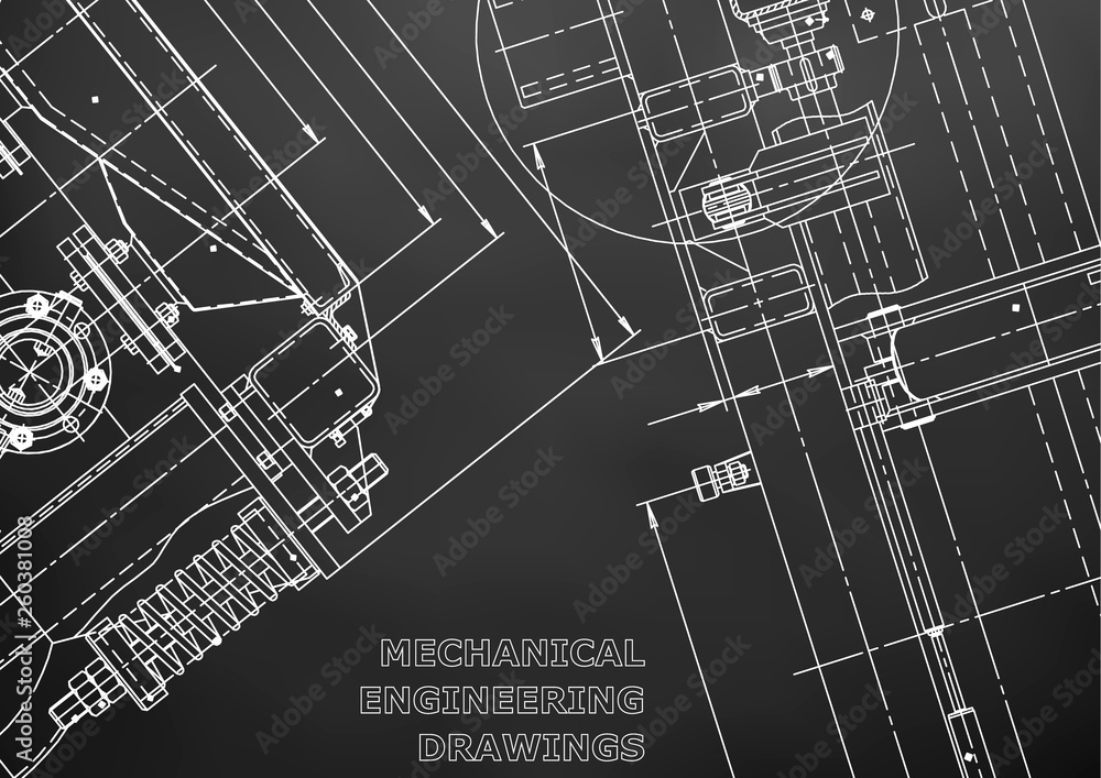Blueprint. Vector engineering illustration. Computer aided design systems. Instrument-making drawings. Mechanical engineering drawing. Scheme, plan, outline. Black background