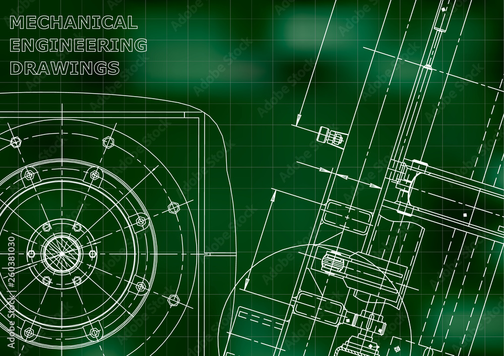 Blueprint, Sketch. Vector engineering illustration. Cover, flyer, banner, Green background. Grid. Instrument-making drawings. Mechanical engineering drawing