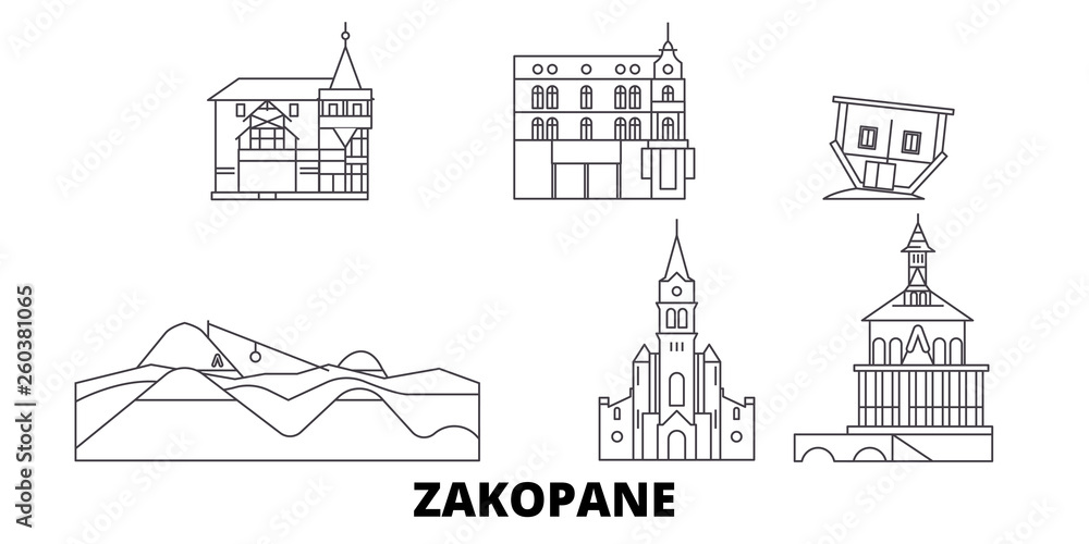 Poland, Zakopane flat travel skyline set. Poland, Zakopane black city vector panorama, illustration, travel sights, landmarks, streets.