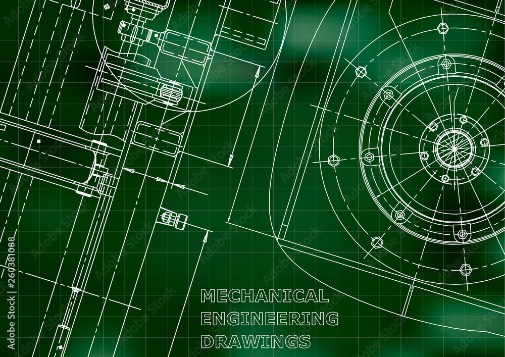 Blueprint, Sketch. Vector engineering illustration. Cover, flyer, banner. Green background. Grid
