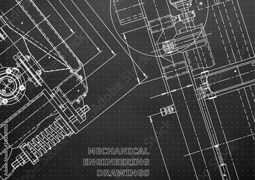 Blueprint. Vector engineering illustration. Computer aided design systems. Instrument-making drawings. Mechanical engineering drawing. Scheme, plan, outline. Black background. Points